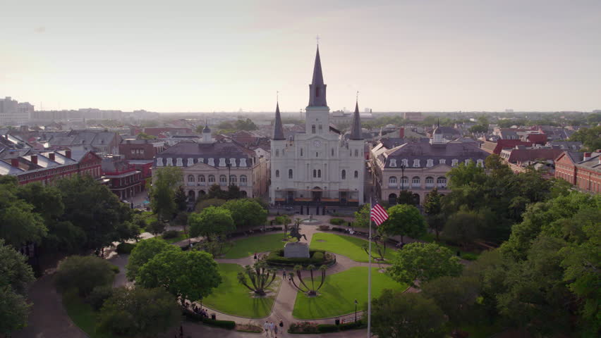 Slow aerial move towards Saint Louis Cathedral in New Orleans