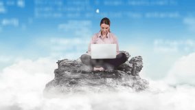 Woman typing on silver laptop atop rocky outcrop generating expanding tech network across clouds. Futuristic, innovation, connectivity, digital, technological, landscape, inspiring - Powered by Shutterstock - Get 15% off with code: PIKWIZARD15