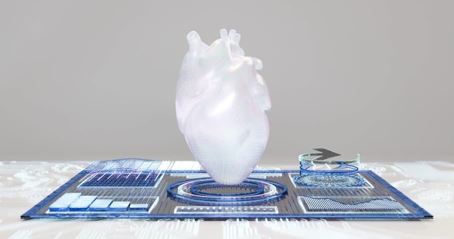 A 3D animation of a heart rotating 360 degrees on a digital device, which displays medical data, treatment information, and the state of the heart. A glimpse into the future of treatment, featuring di