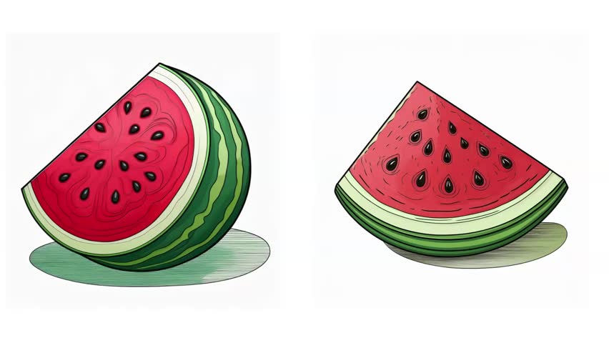 Hand Drawn Illustration of a Juicy Watermelon Slice with Seeds on White Background. Watermelon animation 
