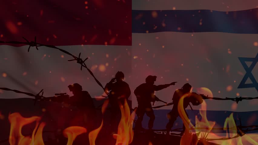 War Illustration concept Between Yemen Versus Israel. Soldier and Battle Tank Silhouette Illustration concept with Intertwined Barbed Wires Illustration and Fire Sparks Animation Red Smog Cloud Motion
