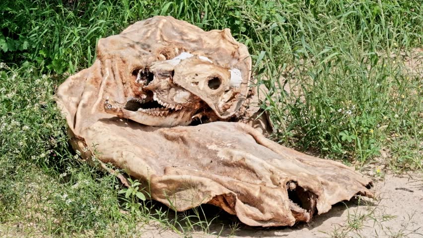 skeletal remains of a Hartebeest antelope with skull and leather skin in tact