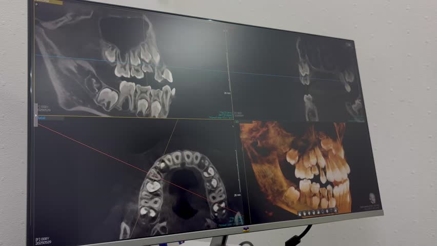 3D X-ray, image of strong children's teeth on the monitor of an orthodontist, Russia, Moscow, 05.29.2025
