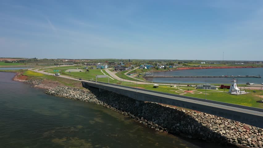 Aerial View of Coastal City and confederal bridge