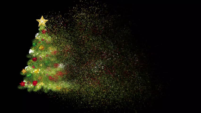 Disappearing Christmas tree into tiny particles with plain black background