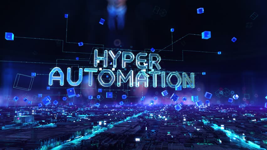 Hyper Automation- businessman working with virtual reality at office.