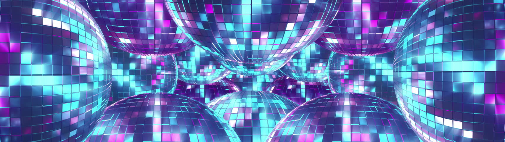 8k Ultra wide. Rotating disco balls with vibrant reflections and curved surfaces in a retro vibe. Ideal for party backgrounds and VJ visuals