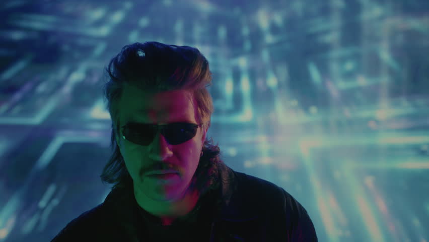 Handsome male in retro style, vaporwave actor TV series. Face of a cool man from the 1990. Nostalgia