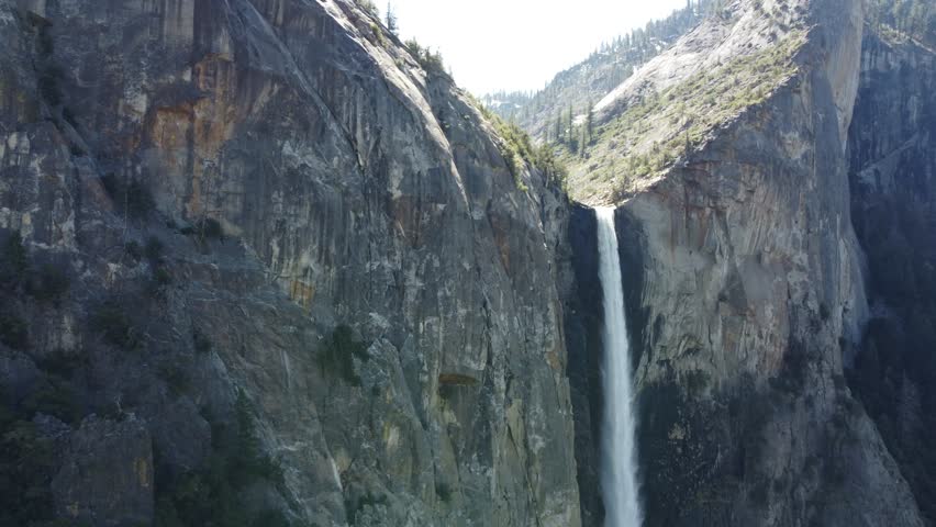 Top Of Waterfall Flyby Of (Bridal Veil Falls) In Yosemite National Park, USA.