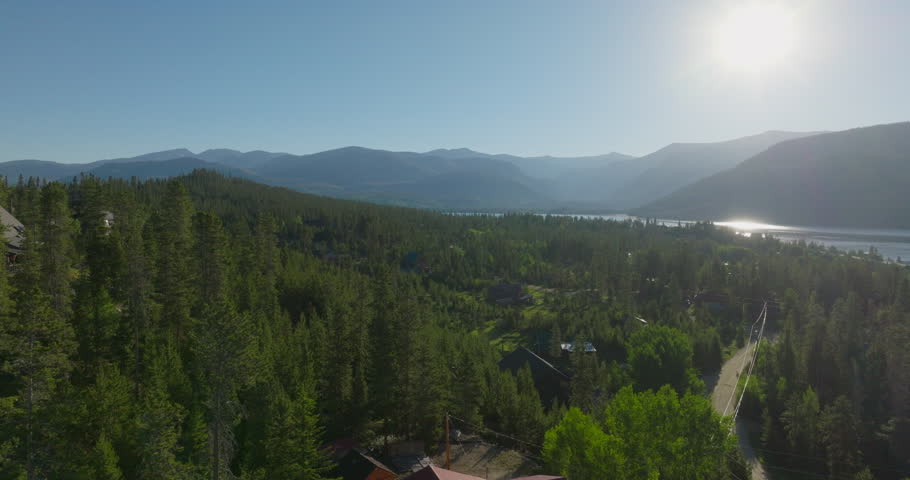 Orbiting drone shot of Shadow Mountain Lake at sunset in the Rocky Mountains of Colorado