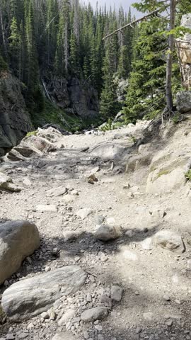 Sky Pond, Loch Vale, Lake of Glass, Timberline Falls, Rocky Mountain National Park, Colorado, 4K HDR, vertical video, cinematic nature, mountain landscape, alpine lake, glacial lake, waterfall