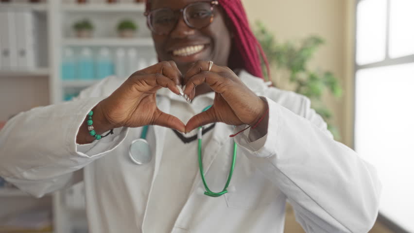 Doctor making heart shape with hands, embodying compassion in a hospital setting, wearing a stethoscope, showcasing medical professionalism and warmth in a bright clinic interior.