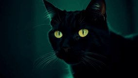 Black cat wanders in dark at night with glowing eyes. Witch kitten looking at camera, portrait. Mystical creature walk around. Halloween atmosphere. Folklore symbols of luck and fortune. Good omens. - Powered by Shutterstock - Get 15% off with code: PIKWIZARD15