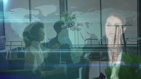 Presenter and collaborator tapping world map in office lounge and expanding profile icon network. Holography, collaboration, digital, innovation, networking, modern, corporate - Powered by Shutterstock - Get 15% off with code: PIKWIZARD15