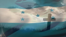 Opening on hilltop at dawn showing cross silhouette, flag unfurling and casting shifting shadows. Monument, patriotism, serenity, symbolism, nature, spirituality, minimalism - Powered by Shutterstock - Get 15% off with code: PIKWIZARD15