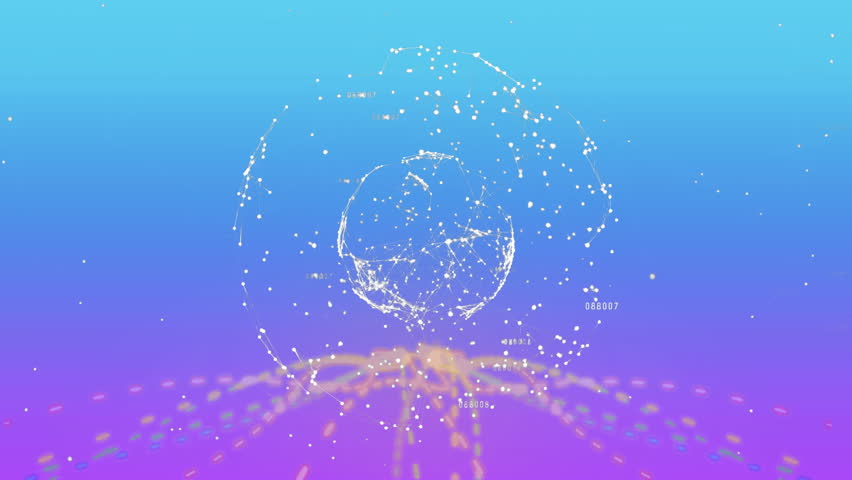 Golden streams erupting on violet-blue gradient forming rotating sphere visualizing numeric data. Abstract, data visualization, futuristic, digital, luminous, planetary, minimalist - Powered by Shutterstock - Get 15% off with code: PIKWIZARD15