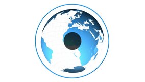 Stylized 3D globe emerging in blue ring, data icons sliding and orbiting to illustrate network. Global, connectivity, technology, digital, networking, data, visualization - Powered by Shutterstock - Get 15% off with code: PIKWIZARD15