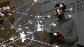 Warehouse manager starting circle expanding into person network and cloud loops for logistics. Logistics, connectivity, data, technology, warehouse, network, analytics - Powered by Shutterstock - Get 15% off with code: PIKWIZARD15