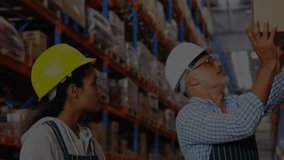 Logistics worker lifting box and noting inventory data while causing holographic interface swirling. Industrial, teamwork, innovation, technology, efficiency, productivity, warehouse - Powered by Shutterstock - Get 15% off with code: PIKWIZARD15