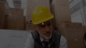 Supervisor gesturing toward laptop and initiating data nodes overlay during logistics planning. Industry, teamwork, technology, data, logistics, collaboration, workflow - Powered by Shutterstock - Get 15% off with code: PIKWIZARD15