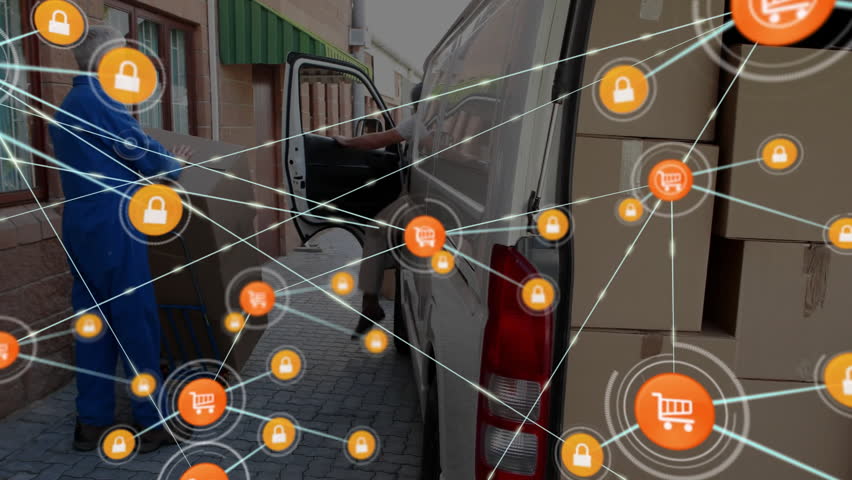 Driver initiating overlay for securing e-commerce while assistant unloading boxes beside panel van. Logistics, delivery, e-commerce, courier, cargo, warehouse, transportation - Powered by Shutterstock - Get 15% off with code: PIKWIZARD15