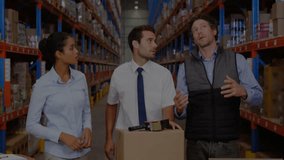 Warehouse manager raising hand explaining team watching network nodes expanding for distribution. Collaboration, connectivity, data, logistics, teamwork, visualization, industrial - Powered by Shutterstock - Get 15% off with code: PIKWIZARD15