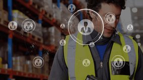 Warehouse worker scanning barcode on six-pack and showing animated HUD rings for inventory tracking. Industrial, logistics, technology, inventory, automation, warehouse, scanning - Powered by Shutterstock - Get 15% off with code: PIKWIZARD15