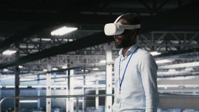 Engineer using VR headset in data center to update server tech, configuring equipment using software tools. Server hub employee reviewing hardware analytics using virtual reality, camera B - Powered by Shutterstock - Get 15% off with code: PIKWIZARD15