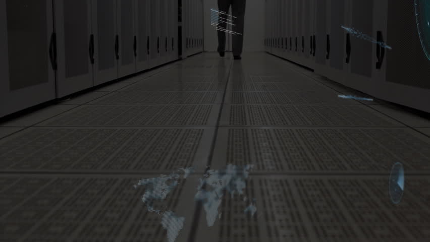 Technician walking server corridor creating code and charts rising from floor for visualizing data. Cybersecurity, digital, futuristic, technology, data, visualization, innovation - Powered by Shutterstock - Get 15% off with code: PIKWIZARD15
