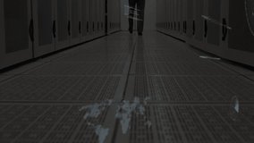 Technician walking server corridor creating code and charts rising from floor for visualizing data. Cybersecurity, digital, futuristic, technology, data, visualization, innovation - Powered by Shutterstock - Get 15% off with code: PIKWIZARD15
