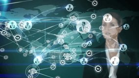 Technology presenter raising finger at map, activating glowing globe expanding global network nodes. Technology, connectivity, innovation, data, digital, interface, communication - Powered by Shutterstock - Get 15% off with code: PIKWIZARD15