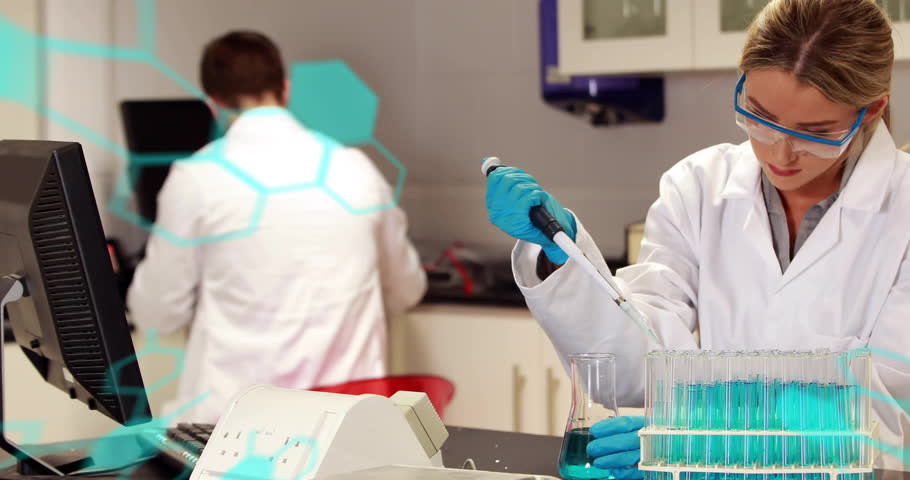 Female chemist using pipette aspirating fluid for prep while male typing data overlays drifting. Laboratory, experimentation, scientific, analysis, precision, innovation, technology