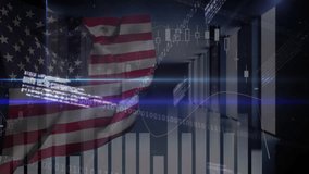 Flag emerging and rippling beside rising chart, binary scrolling and tickers updating for data flow. Patriotism, technology, data visualization, digital, finance, modern, innovation - Powered by Shutterstock - Get 15% off with code: PIKWIZARD15