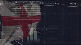 After grid appearing, England flag waving while ticker updating and graphs animating global finance. Financial, analysis, visualization, digital, data, economic, analytics - Powered by Shutterstock - Get 15% off with code: PIKWIZARD15