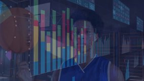 Male athlete spinning basketball on fingertip at gym, as stock charts fading in highlighting trends. Sports, finance, technology, data, performance, analytics, fitness - Powered by Shutterstock - Get 15% off with code: PIKWIZARD15
