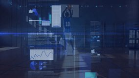 Basketball player starting dribbling at midcourt as animated charts rising and guiding jump shot. Sports, motion, analytics, technology, performance, visualization, fitness - Powered by Shutterstock - Get 15% off with code: PIKWIZARD15