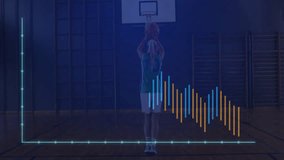 Female athlete shifting at 3-point arc syncing animated chart during jump-shot for sports analysis. Sports, training, visualization, performance, fitness, motion, motivation - Powered by Shutterstock - Get 15% off with code: PIKWIZARD15
