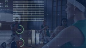 Group cycling class starting workout in gym displaying tables gauges charts world map for tracking. Fitness, activity, teamwork, endurance, motivation, data visualization, performance - Powered by Shutterstock - Get 15% off with code: PIKWIZARD15