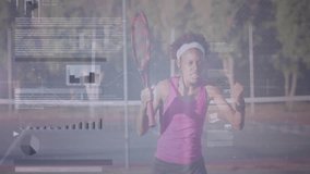 Tennis player responding to shot and executing backhand while analytics overlays displaying stats. Athlete, sport, competition, performance, fitness, outdoor, determination - Powered by Shutterstock - Get 15% off with code: PIKWIZARD15