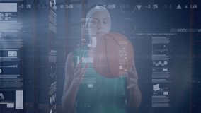Female athlete opening eyes and tossing basketball spinning ball and studying AR tech metrics. Athlete, training, innovation, visualization, performance, sport, futuristic - Powered by Shutterstock - Get 15% off with code: PIKWIZARD15