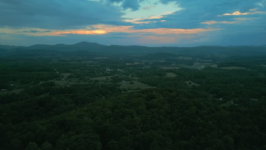 Aerial view of beautiful sky at blue hour in the blue ridge mountains 