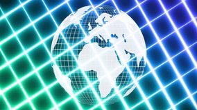 Opening showing white wireframe globe rotating across continents while neon grid pulsing green-blue. Geography, futurism, technology, digitalart, innovation, cyberspace, visualization - Powered by Shutterstock - Get 15% off with code: PIKWIZARD15