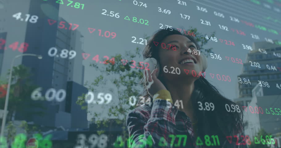 Woman using headphone on street, activating transparent finance chart and smiling at market update. Urban, technology, finance, lifestyle, modern, entertainment, casual