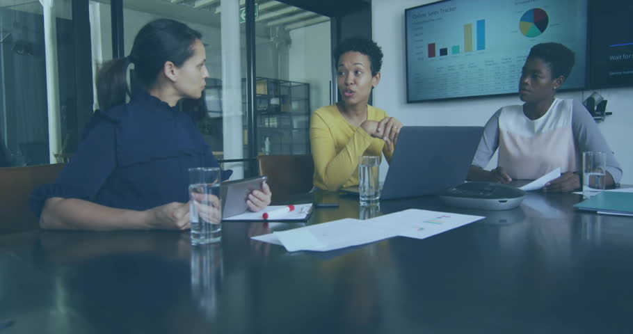 Mustard-sweater speaker glancing at bar and pie charts guiding business discussion amid glitches. Corporate, collaboration, data, communication, technology, professional, business