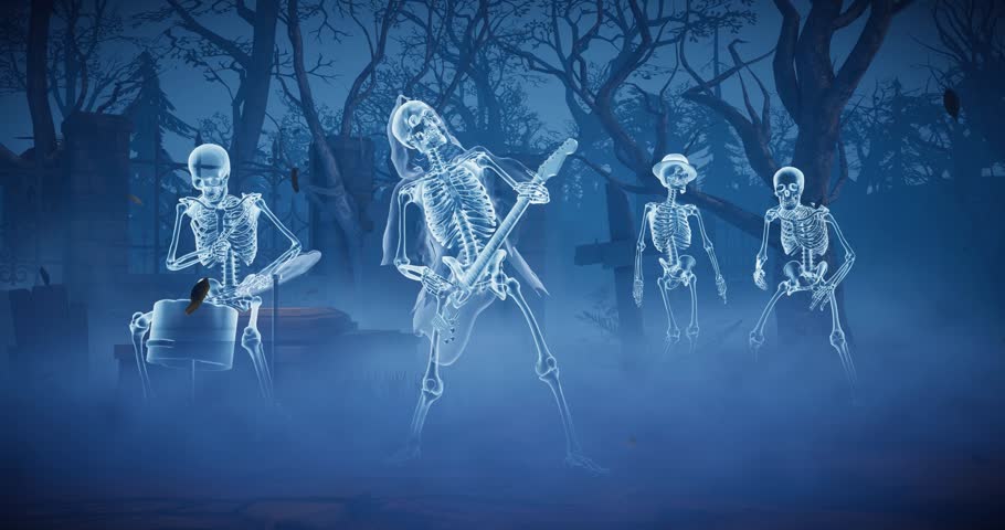 Halloween party. Ghost skeletons play guitar and dance in a scary gothic cemetery. 3D Animated Video for greeting cards, invitations, posters, events, parties