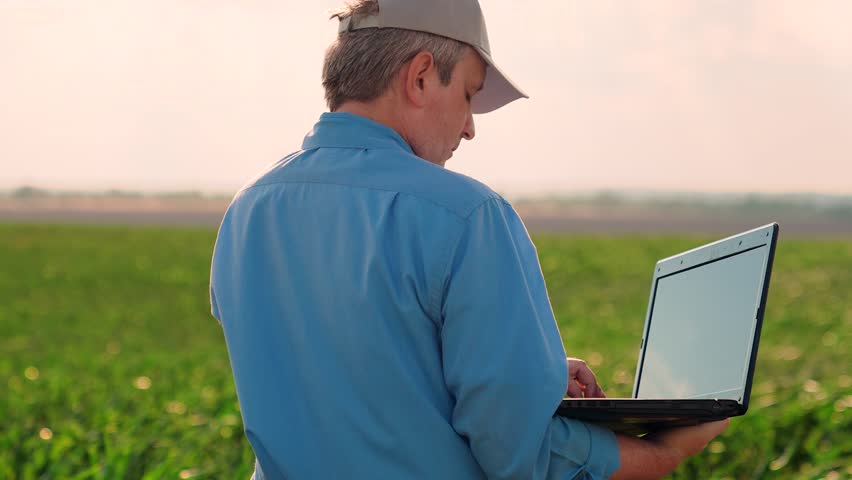 Smart agronomist man working with computer in green field, modern digital technology. Farmer man in wheat field working with laptop business farm. Farming concept. Farmer with laptop green wheat field