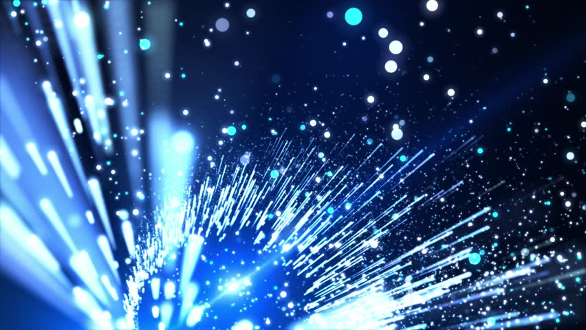 Abstract digital background with glowing neon rays of light and blue shimmering dust particles flying upwards. Motion of flow of glowing bright particle lines.Seamless 4K video looping
