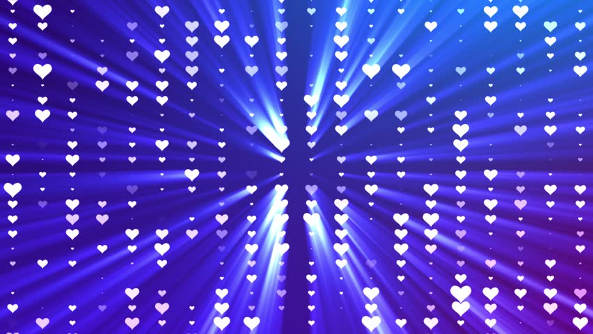 Abstract gradient background with hearts in cartoon style. Bright rays of light come from the glowing hearts. Seamless loop

