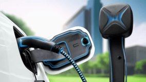 Electric car recharging battery by futuristic smart EV charger from eco clean energy charging station in green city park. Futuristic electric car using alternative energy. Peruse - Powered by Shutterstock - Get 15% off with code: PIKWIZARD15
