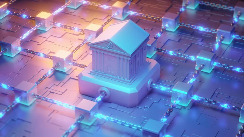 Conceptual 3D render of a financial institution connected to a blockchain network, illustrating the intersection of traditional banking and modern technology. - Powered by Shutterstock - Get 15% off with code: PIKWIZARD15